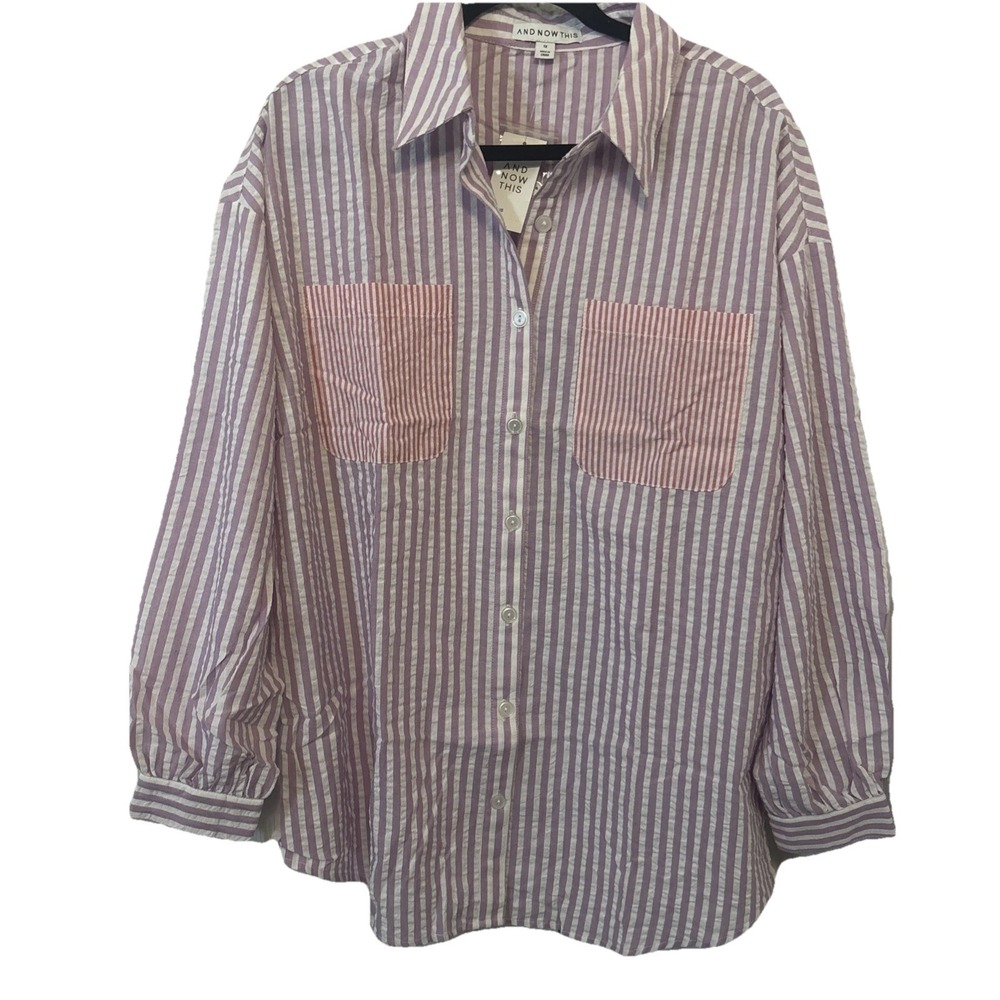 And Now This Womens Seersucker Shirt Coastal Purple Stripe Button Up 1X NWT